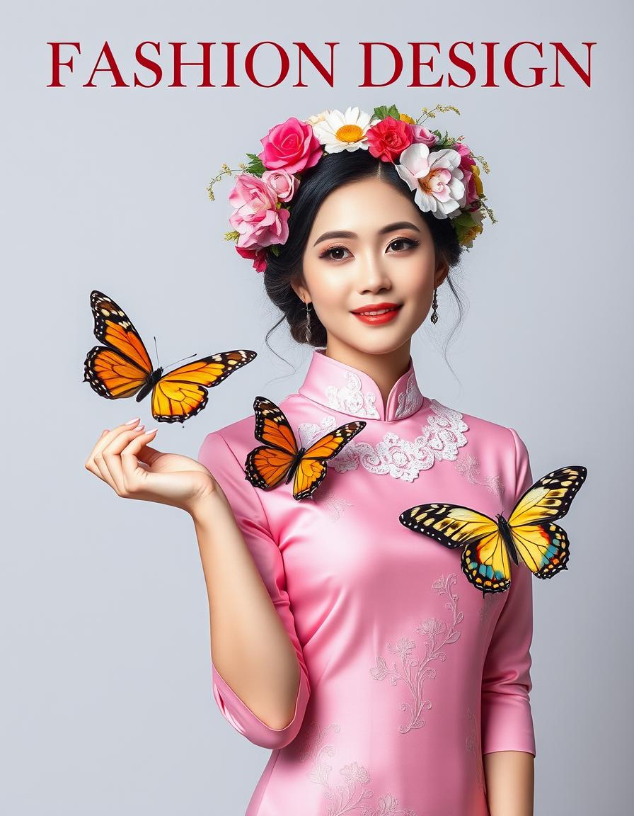 A beautiful woman wearing a pink cheongsam, floral headwear with colorful flowers in her hair, and an elegant white lace collar around her neck. She is holding large butterflies in one hand. The photography style features high-definition details, resembling a fashion magazine cover design. The text "FASHION DESIGN" is displayed at the top center of the photo. The background is a minimalist, light gray solid color, designed to highlight the model.