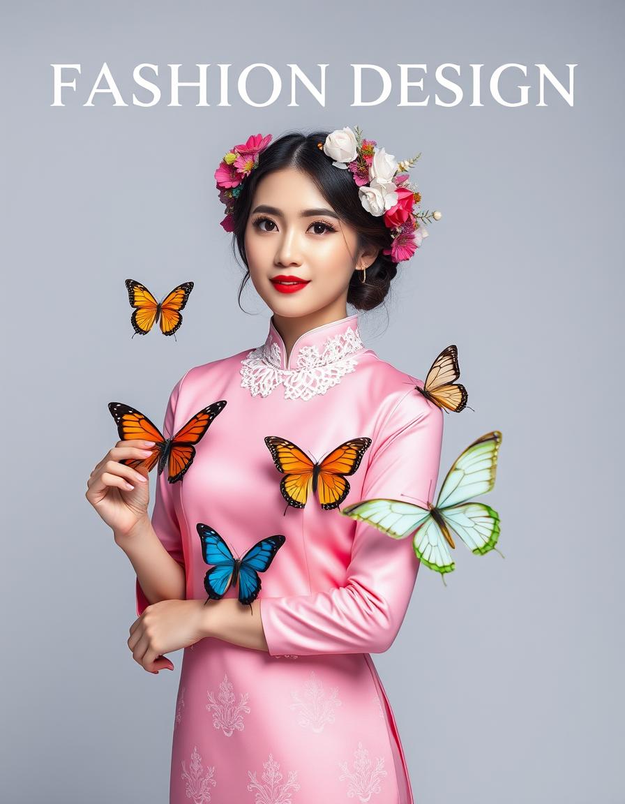 A beautiful woman wearing a pink cheongsam, floral headwear with colorful flowers in her hair, and an elegant white lace collar around her neck. She is holding large butterflies in one hand. The photography style features high-definition details, resembling a fashion magazine cover design. The text "FASHION DESIGN" is displayed at the top center of the photo. The background is a minimalist, light gray solid color, designed to highlight the model.