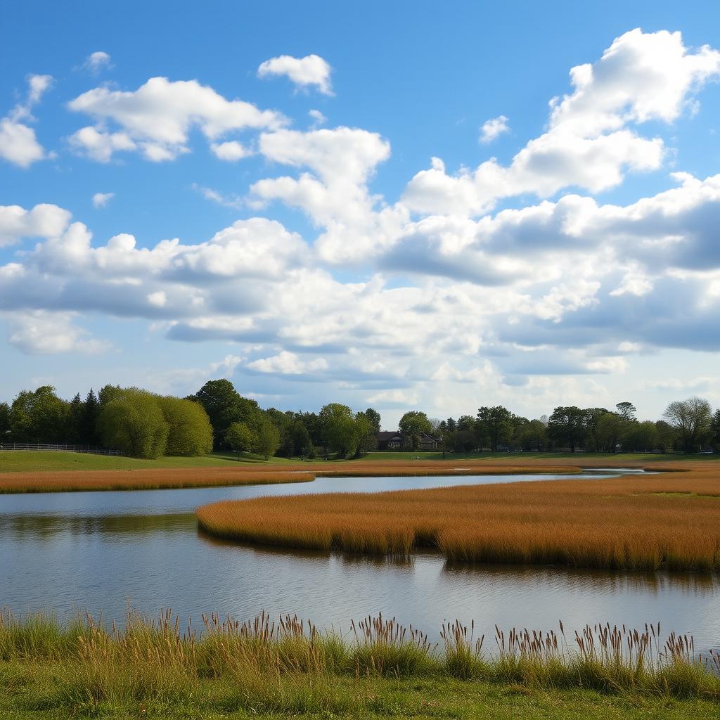 A photograph captures a daytime scene with a unicorn formed by scattered clouds in the sky, positioned above a lake