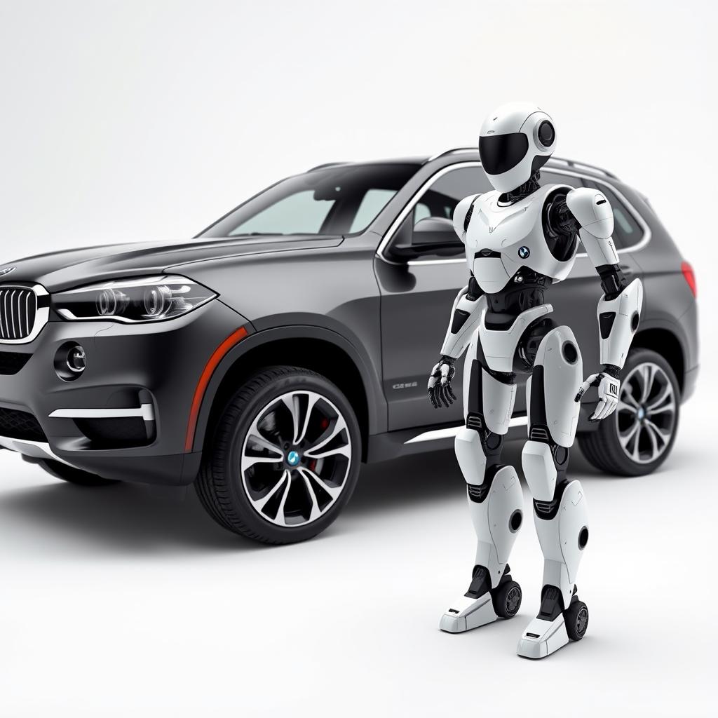 a photo of a bmw x5 car and a robot. The robot must have consistent elements that match the car, the robot should resemble the era of the car, incorporate door handles, wheel designs