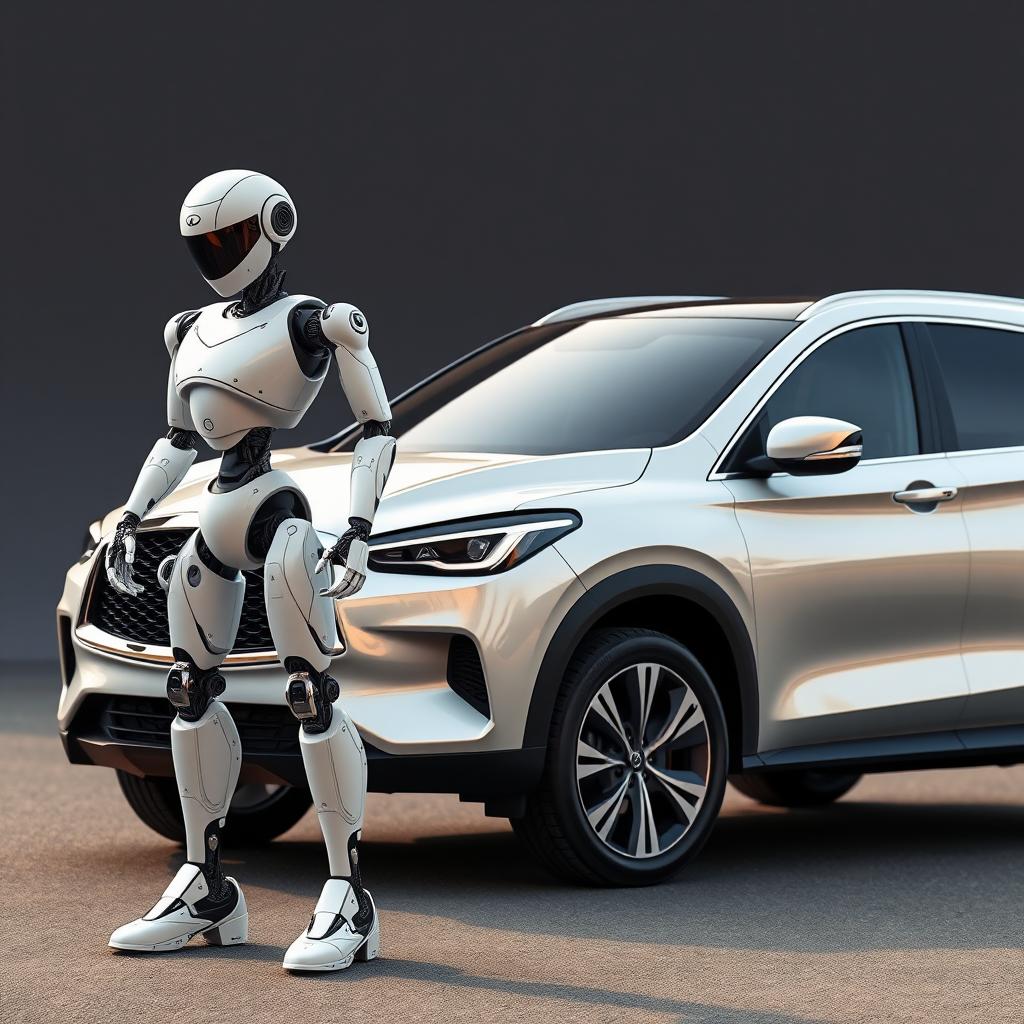 a photo of an Infiniti QX60 car and a robot. The robot must have consistent elements that match the car, the robot should resemble the era of the car, incorporate door handles, wheel designs