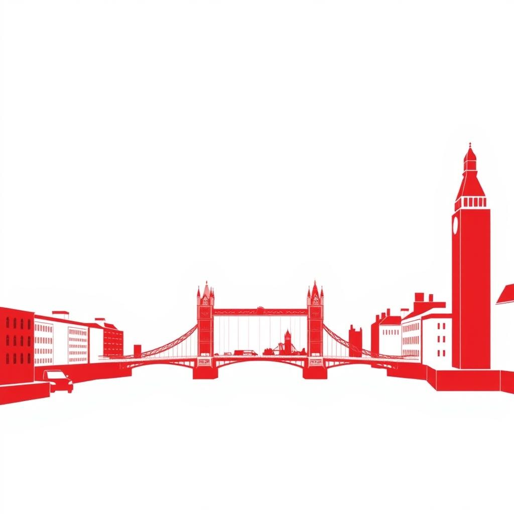 A highly minimalist digital illustration of London, using bold contrasting colors (red and white only) and large areas of negative space (around 50% white). The design is clean, geometric, and abstract, emphasizing the essence of the scene through simplified forms and scattered composition