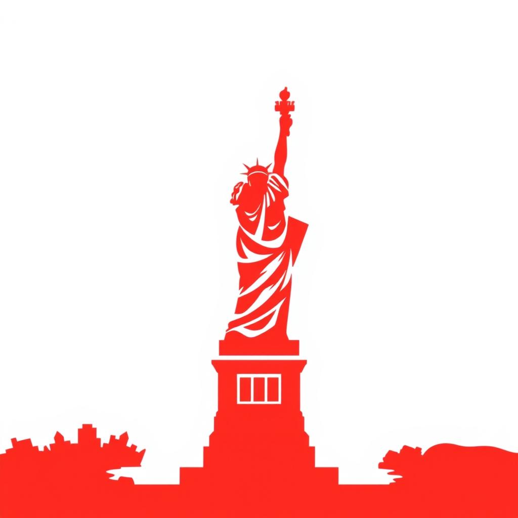 A highly minimalist digital illustration of a liberty statue, using bold contrasting colors (red and white only) and large areas of negative space (around 50% white). The design is clean, geometric, and abstract, emphasizing the essence of the scene through simplified forms and scattered composition