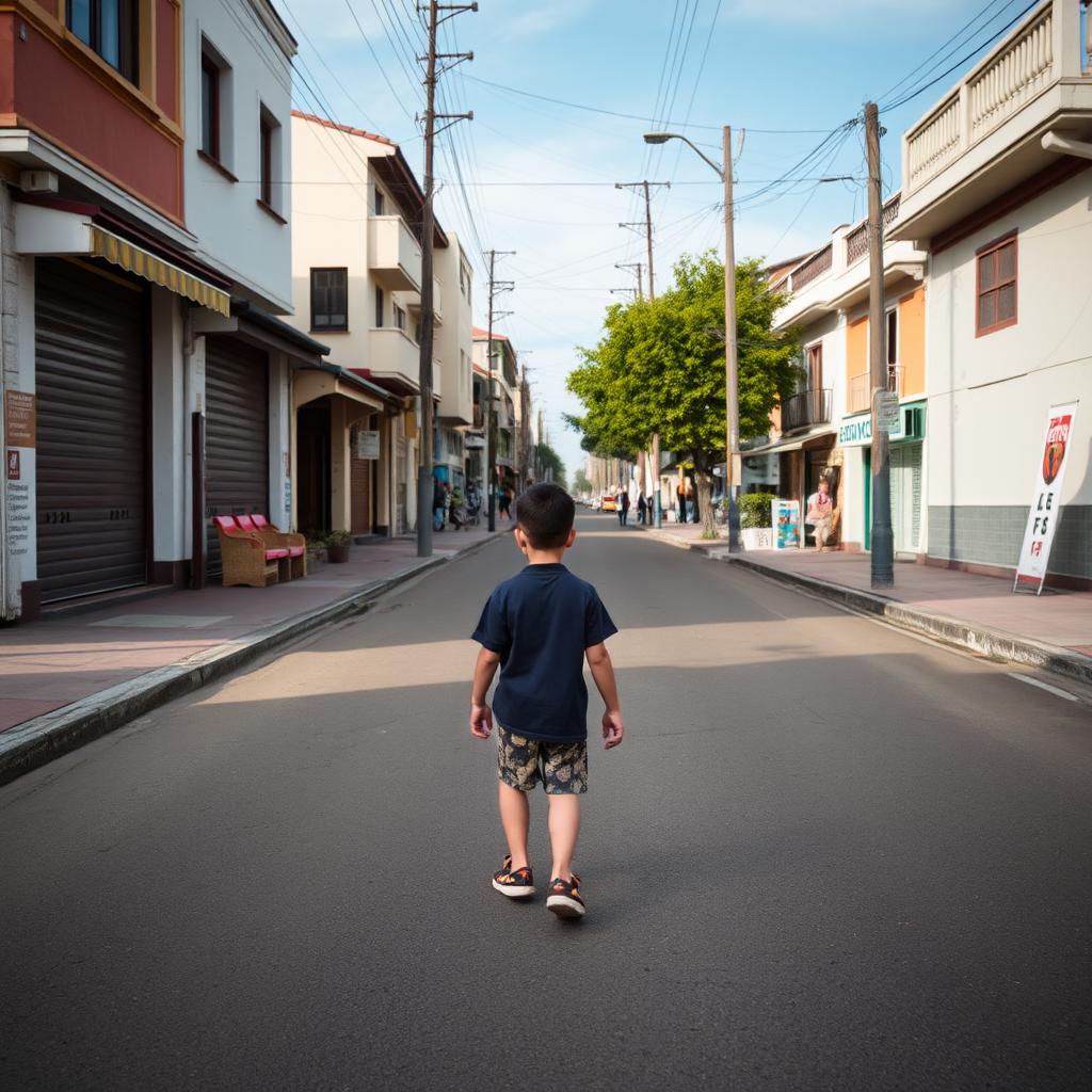 a boy is walking on a street