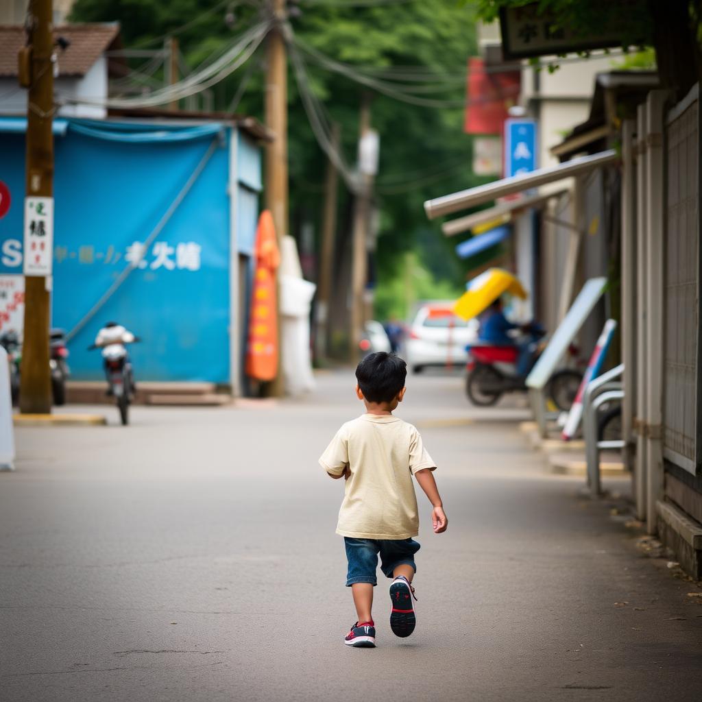 a boy is walking on a street