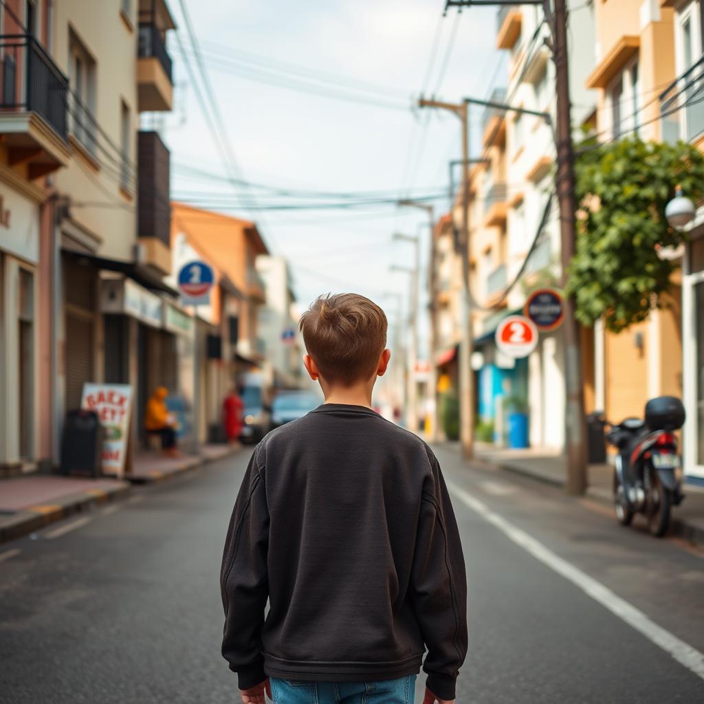 a boy is walking on a street towards me