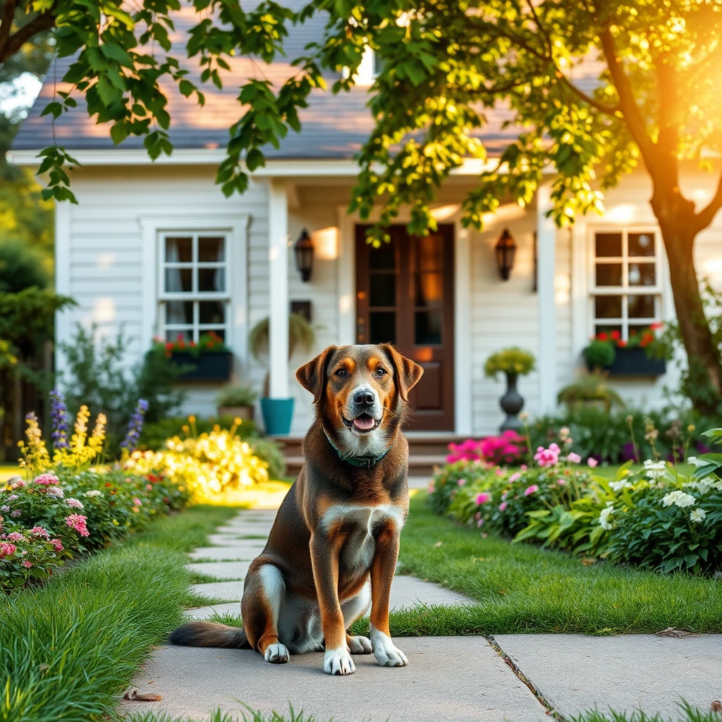A dog sitting in front of a house