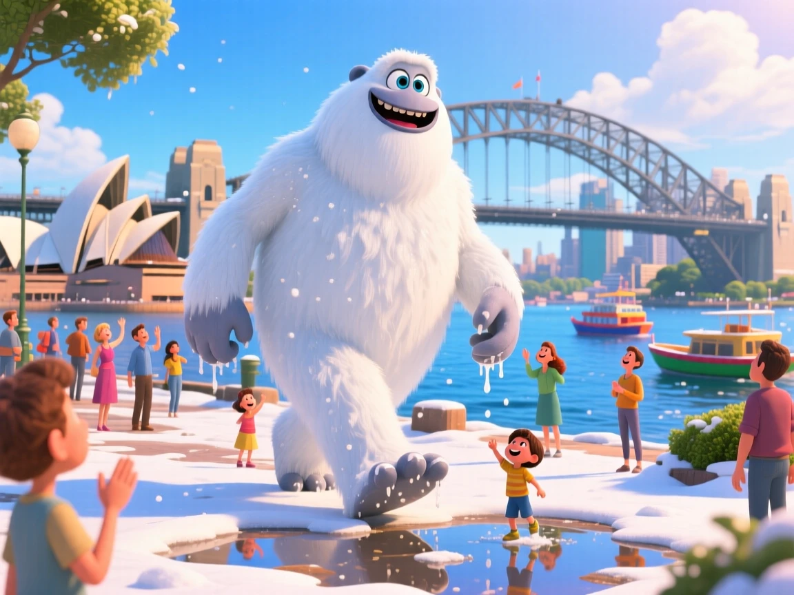 A snow giant walking in Sydney
