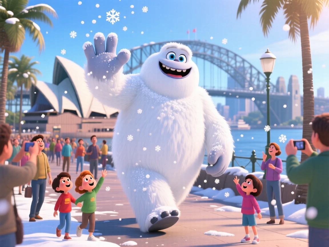 A snow giant walking in Sydney