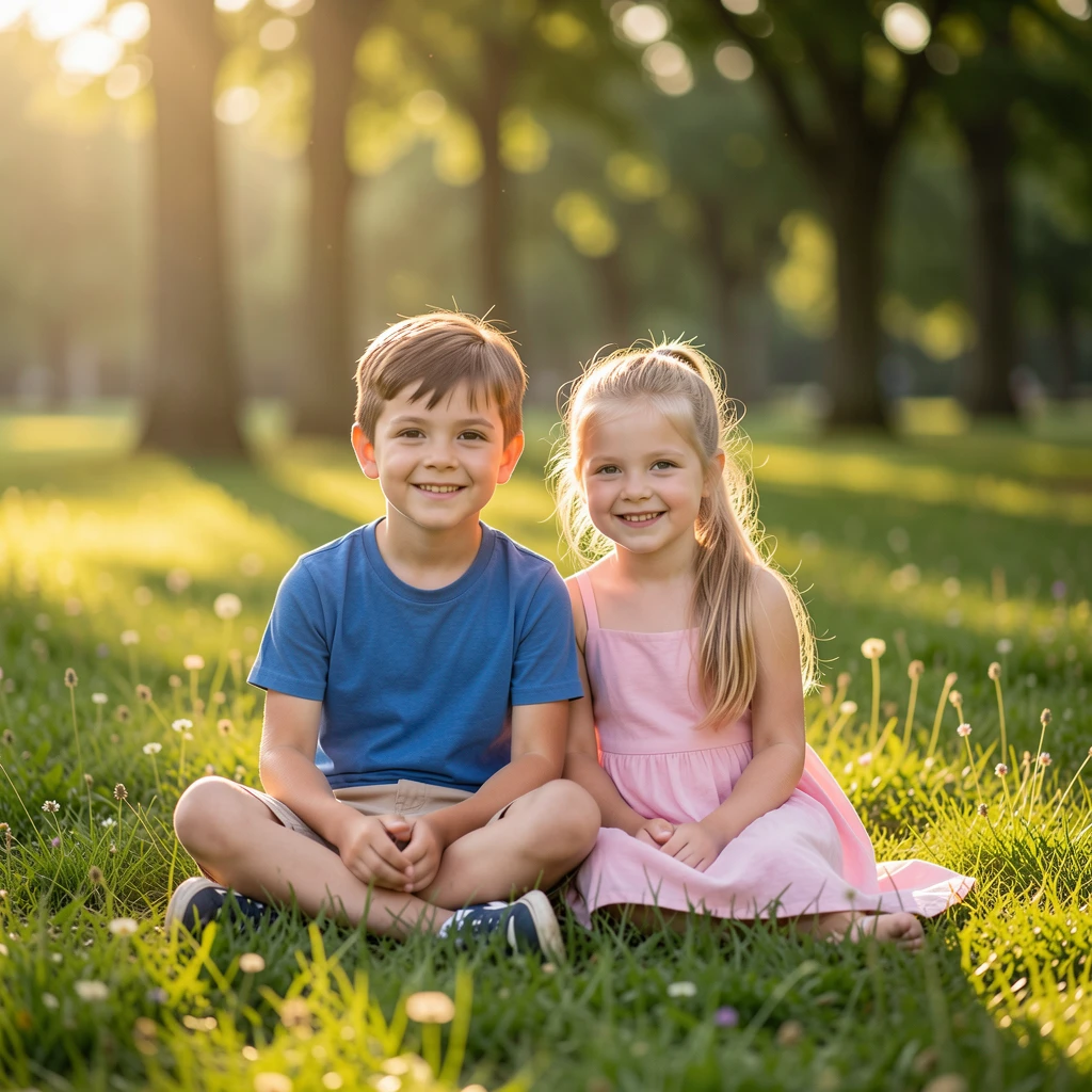 a boy and a girl sitting on the grass