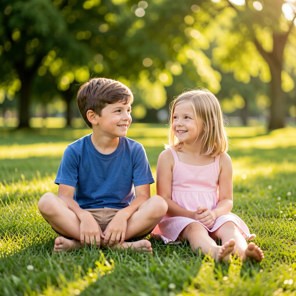 a boy and a girl sitting on the grass