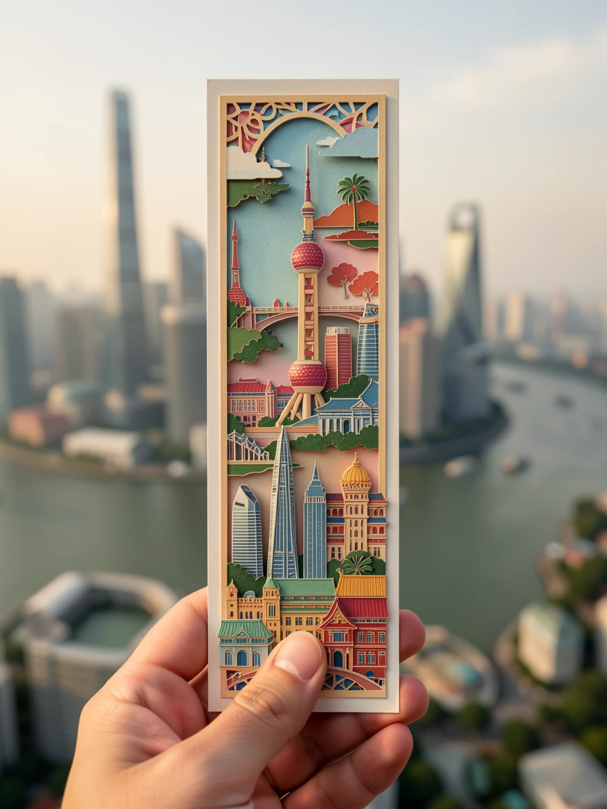 一只手拿着一个细长的垂直镂空书签。书签的设计采用精致的层叠剪纸插图，具有3D立体感和充满奇思妙想的艺术风格。书签框内描绘[地点]的标志性地标和符号，部分元素略微凸出于边缘（形成镂空效果）。整体艺术元素包含细腻的纹理、鲜艳的色彩和微缩的建筑细节。
背景是[上海]实际天际线和风景的浪漫电影式广角镜头。采用柔和的散景，背景虚化以突出作为焦点的书签。
构图是手和书签的特写，垂直居中。整体氛围是怀旧、唯美、充满旅行灵感和诗意。调色盘上，书签的图案色彩与真实背景色彩和谐融合。