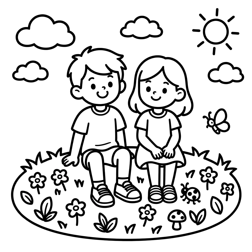 a boy and a girl sitting on the grass