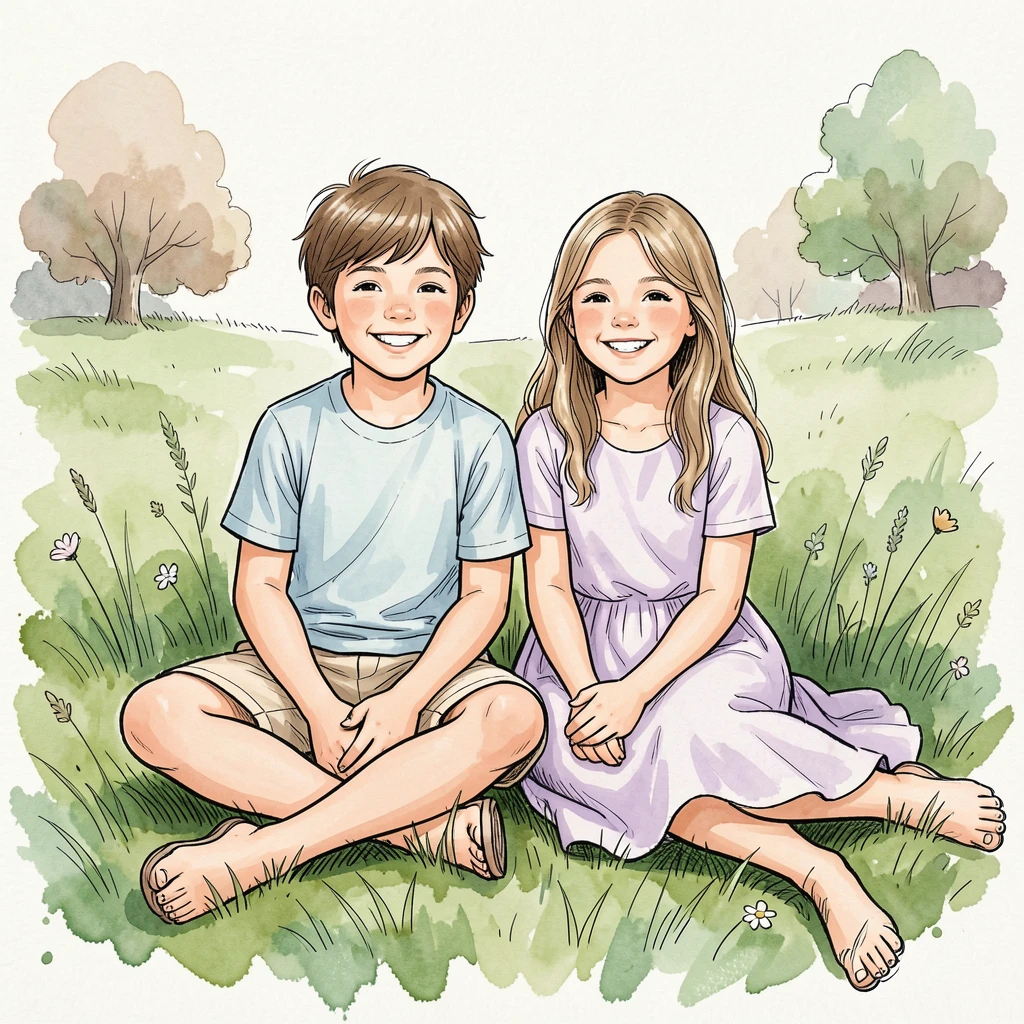 a boy and a girl sitting on the grass