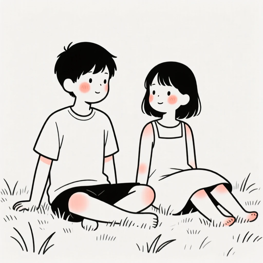 a boy and a girl sitting on the grass