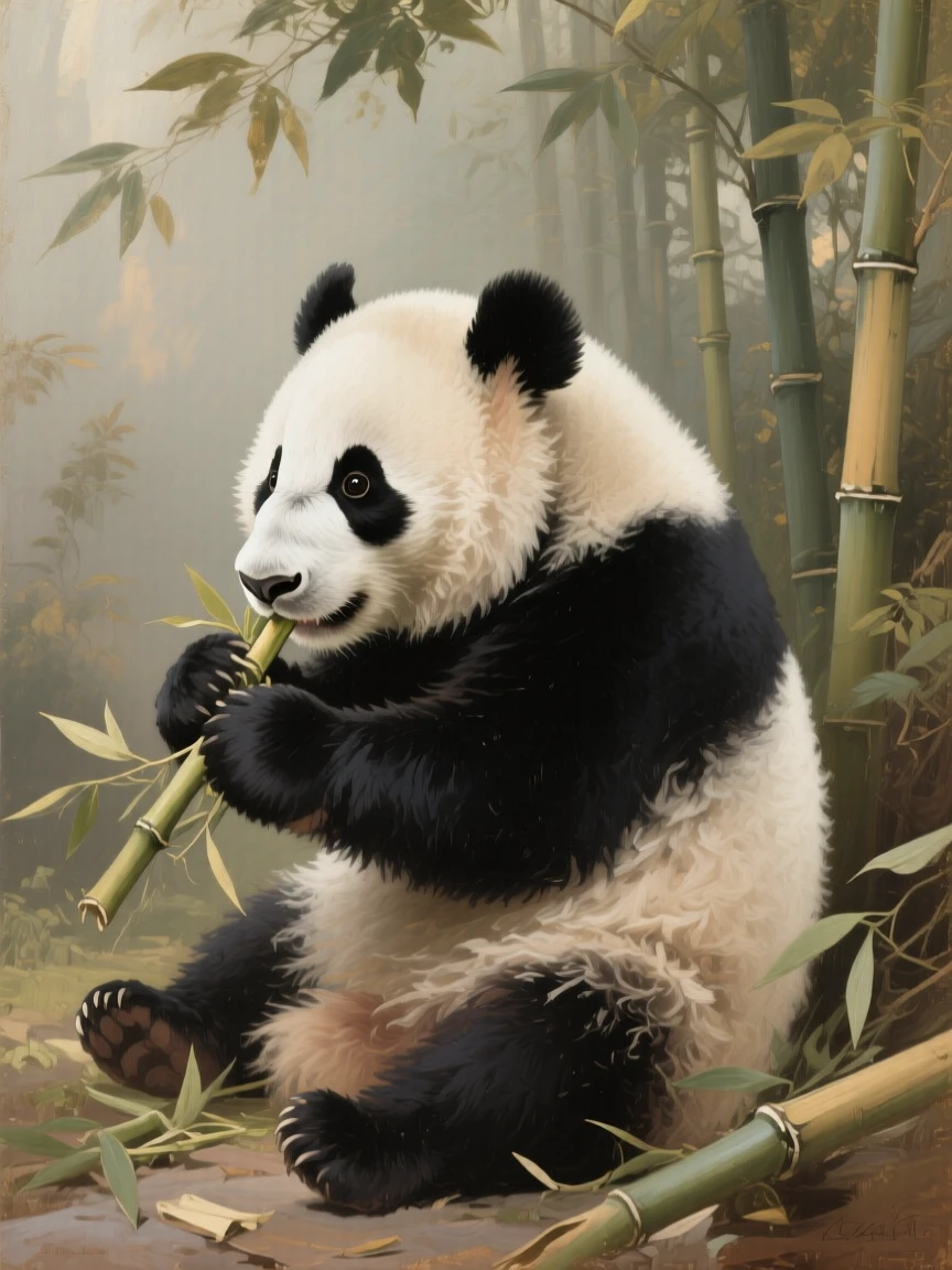 Side view of a cute little panda eating bamboo
