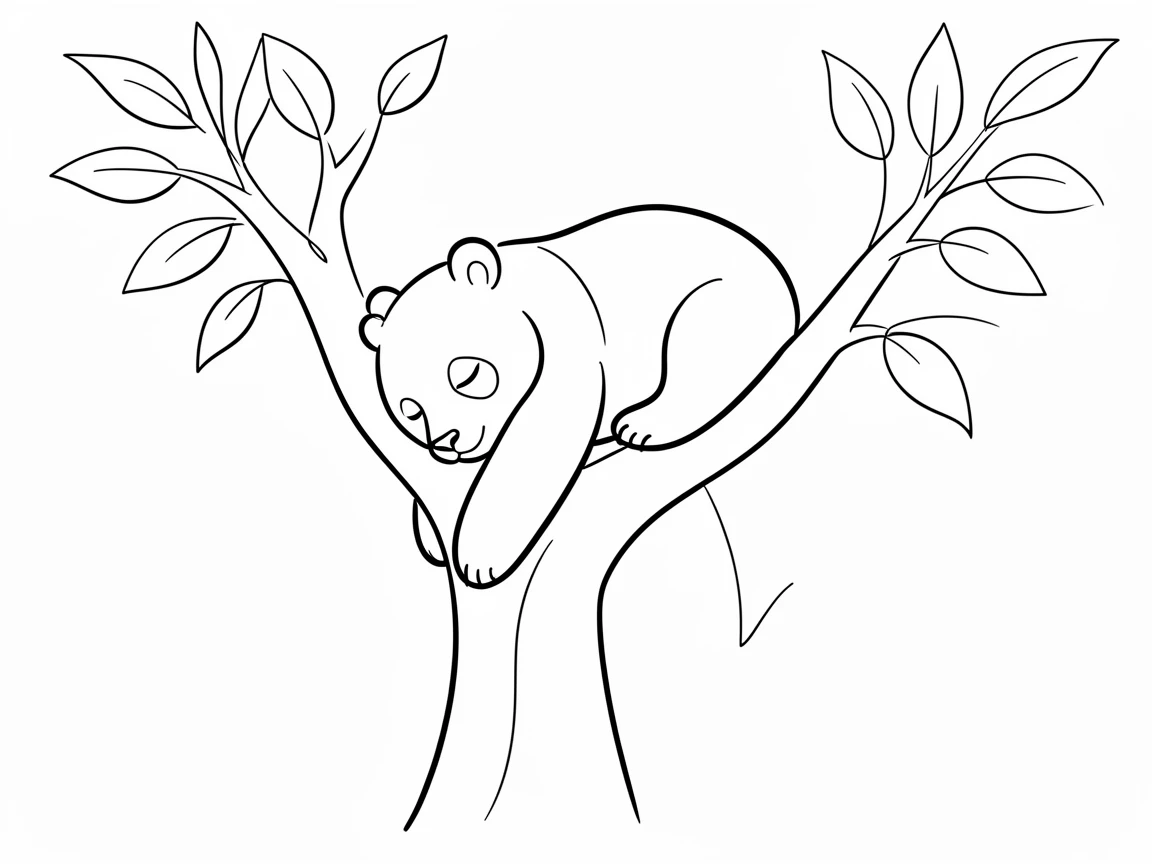 A heartwarming wildlife photograph of a cute giant panda cub peacefully napping in the fork of a large tree. The panda is lying on its side, hugging the thick trunk with one front paw draped over the bark and one hind leg hanging naturally. Its head rests comfortably against the tree, eyes gently closed with a relaxed, content expression.


Surrounding the tree are lush green leaves and intertwining branches, creating a tranquil forest habitat. The background is softly blurred with warm earthy tones and subtle bokeh, emphasizing the panda as the focal point. Soft natural daylight filters through the foliage, producing gentle, even lighting and realistic shadows. The composition is centered and intimate, with a shallow depth of field, ultra-sharp fur detail, realistic textures, vibrant but natural colors, and a peaceful, cozy atmosphere.