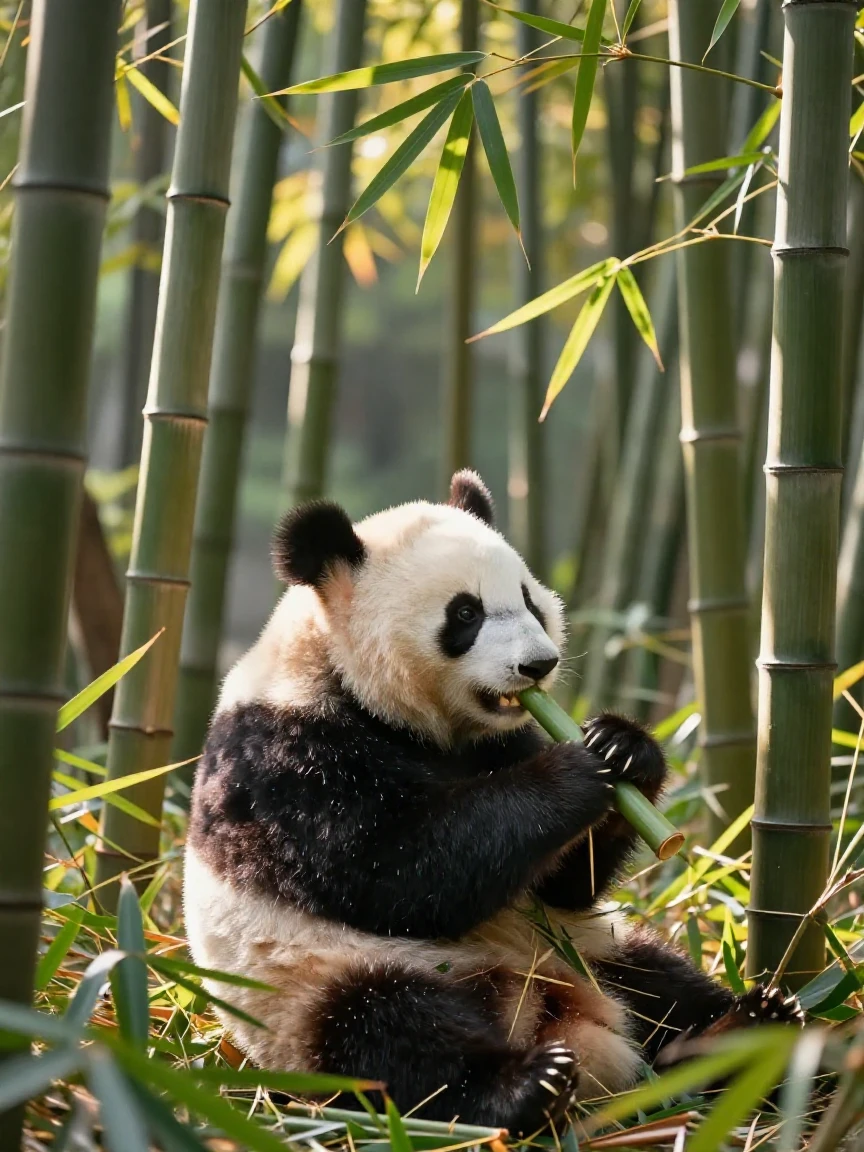 Side view of a little panda happily munching on fresh bamboo, surrounded by a vibrant bamboo grove, playful pose, warm morning sunlight, highly detailed, charming and heartwarming.