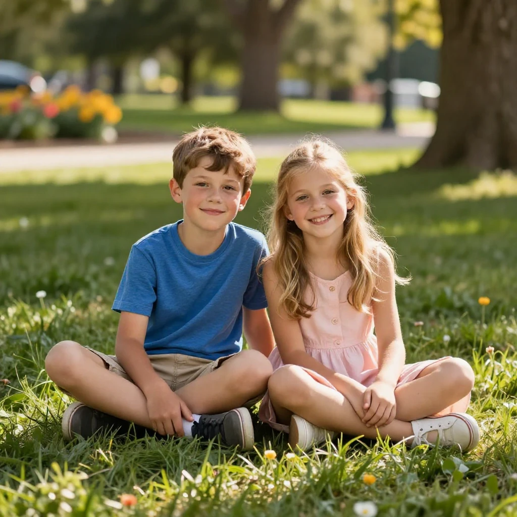 a boy and a girl sitting on the grass