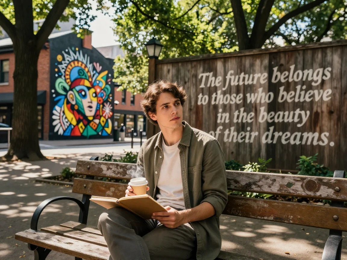 A thoughtful young man, mid-20s, with a relaxed but determined expression, sitting on a weathered wooden bench in a serene urban park. He’s looking slightly off into the distance, perhaps holding a well-worn sketchbook or a cup of coffee. Sunlight filters through the canopy of old trees, dappling the scene. On the aged brick wall of a building across from him, visible in the background, is a detailed, artistic mural or a large piece of elegant street art. Integrated seamlessly into this mural, or painted directly onto a large, natural-looking wooden fence panel, is the flowing text: “The future belongs to those who believe in the beauty of their dreams.” The text is designed with an artistic, slightly faded aesthetic, as if it has been part of the landscape for some time. The overall mood is contemplative and inspiring. Soft, natural lighting, medium depth of field, photorealistic, 8k, detailed textures.