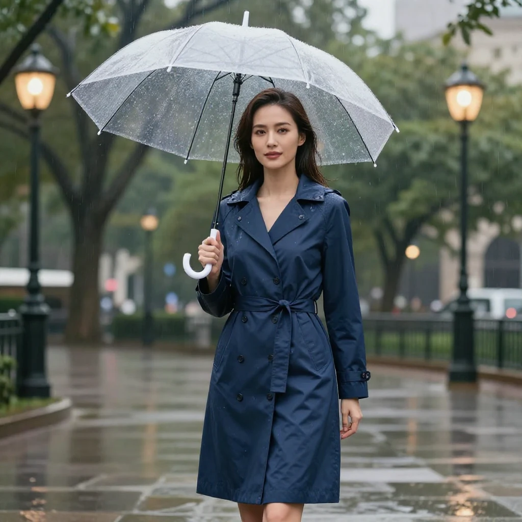 A woman posing with an umbrella in a stylish raincoat during light rain.