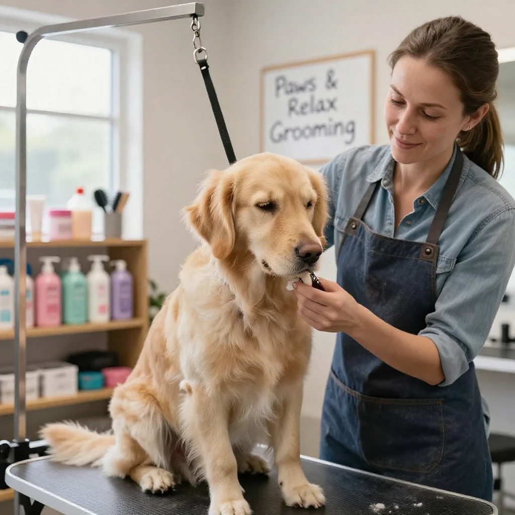 A dog getting its nails trimmed gently by a groomer.