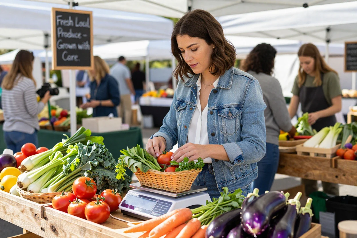A woman weighing fresh produce at a farmers market for a healthy meal.