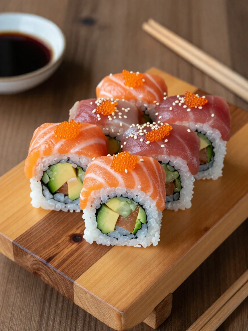A close-up of sushi rolls arranged neatly on a wooden platter.