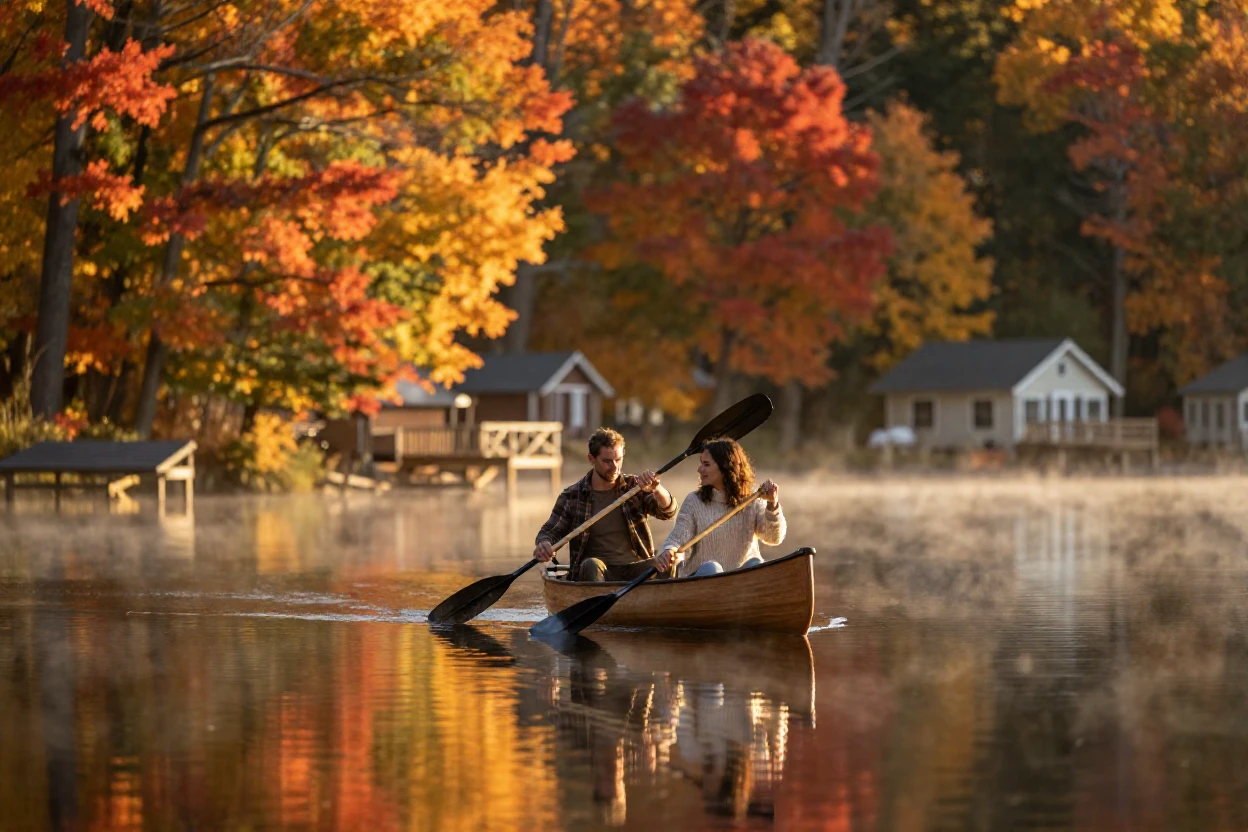 A couple canoeing across a calm lake surrounded by autumn trees.