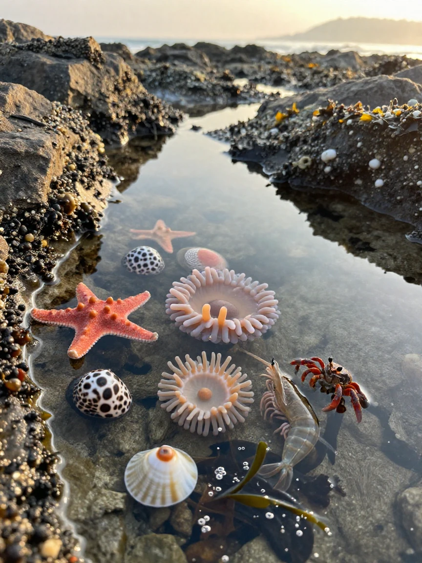 A close-up of a tide pool teeming with small sea creatures.