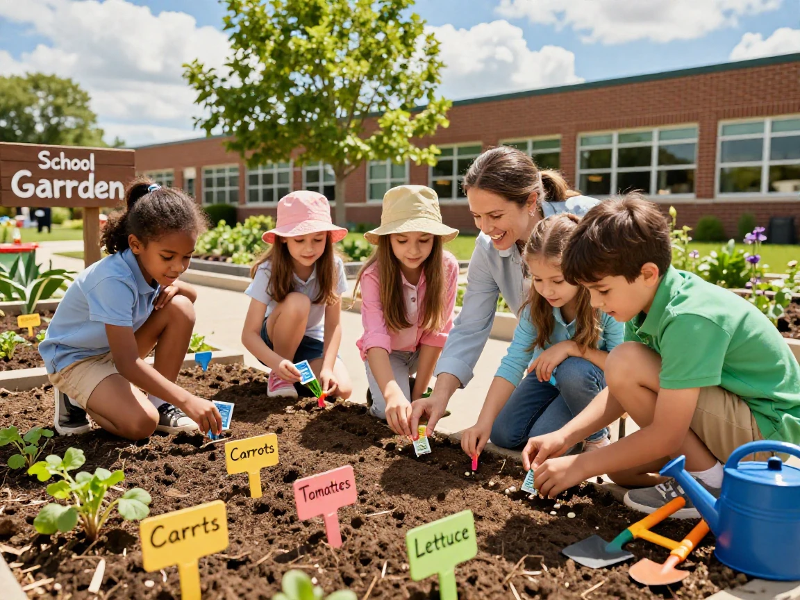 A group of children learning to plant seeds in a school garden.