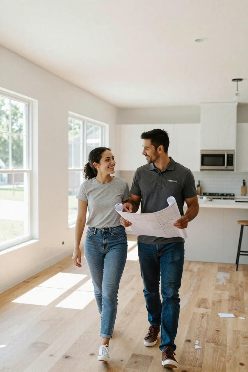 A couple walking through a newly built home with a construction manager.