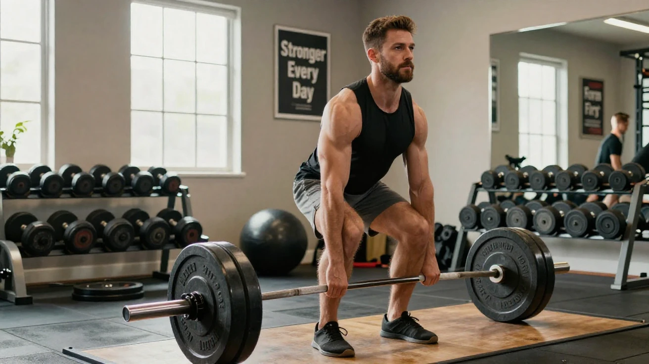 A man doing a deadlift with proper form at a home gym.