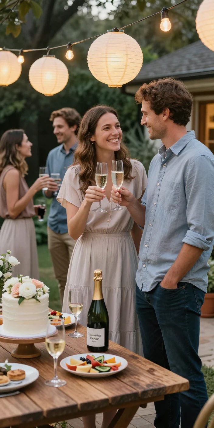 A couple sharing a toast during their engagement party.