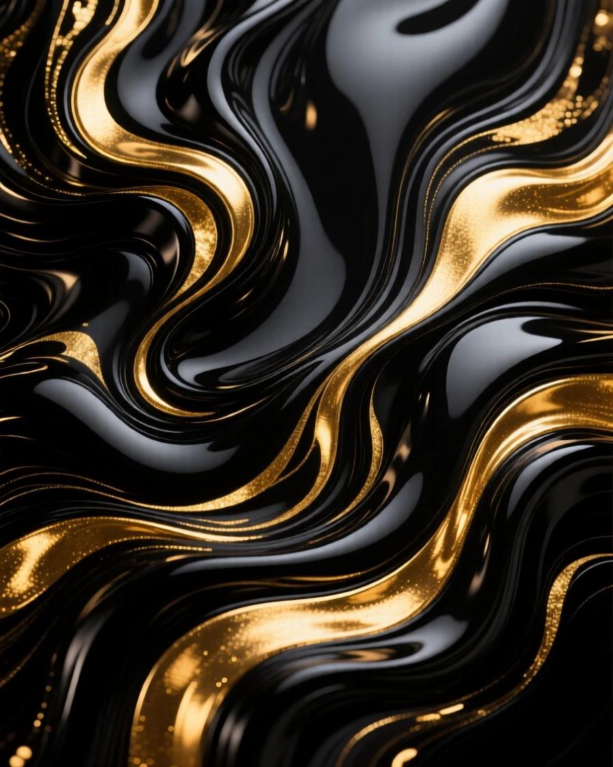 Abstract fluid art background with swirling black and gold ink.
