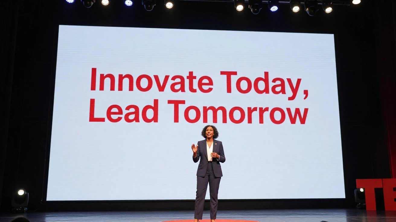 A woman executive giving a TED-style talk on stage with a large screen behind her.
