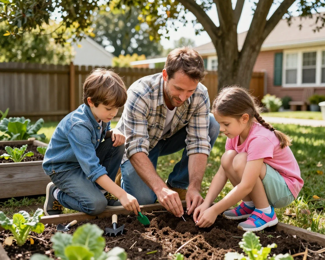 A father teaching his kids how to plant vegetables in a home garden.