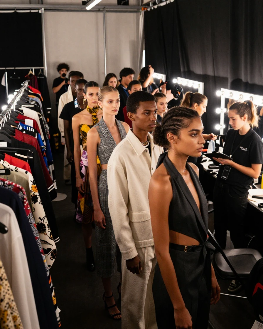 A group of models lined up backstage waiting to walk the runway.