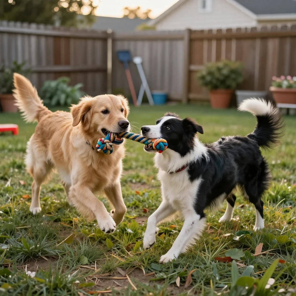 Two dogs playing tug-of-war with a rope toy in a yard.