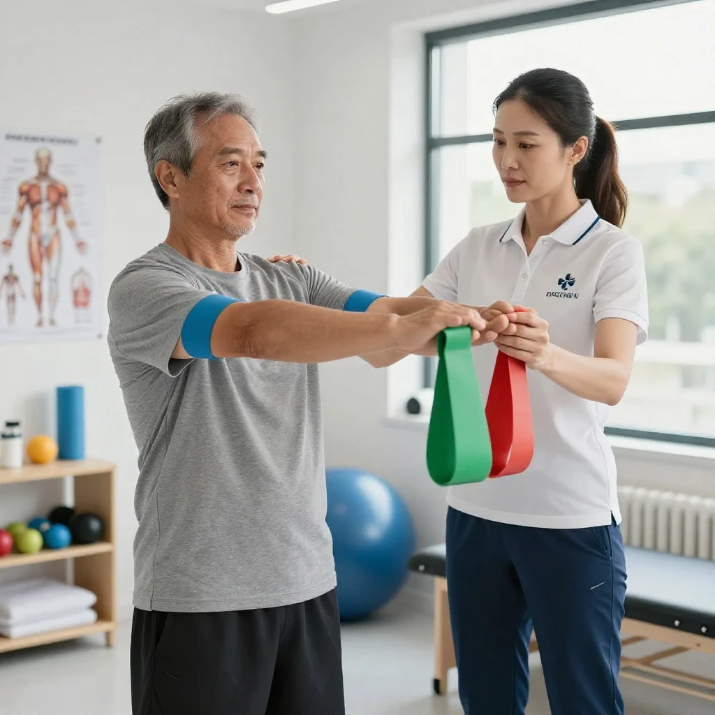 A physical therapist using resistance bands with a patient during rehab.