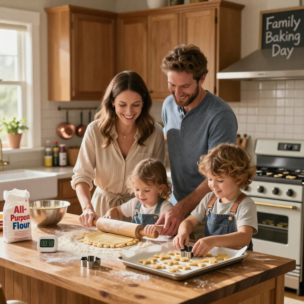 A family baking cookies together in a warm, flour-dusted kitchen.