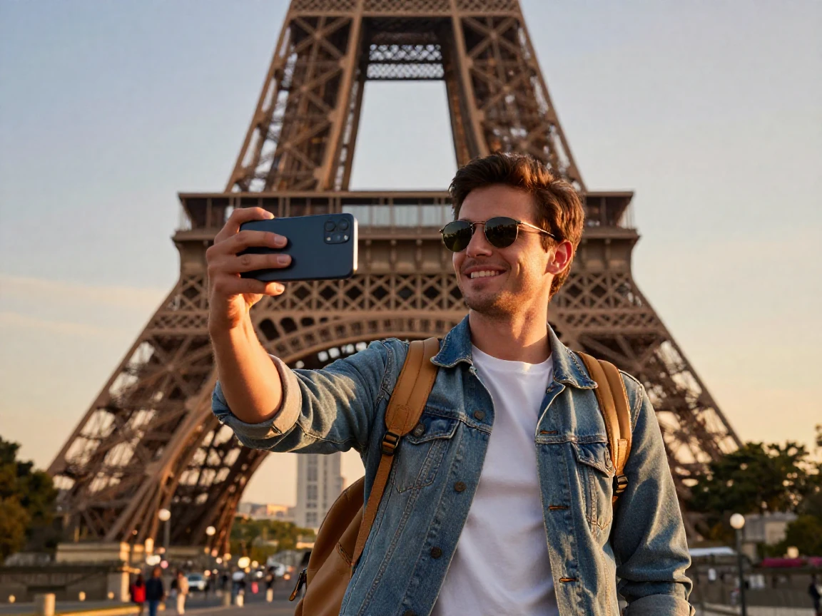 A traveler taking a selfie in front of a famous world landmark.