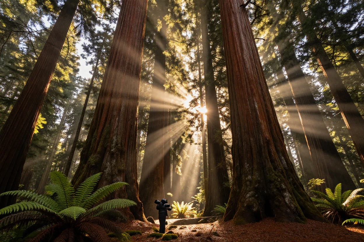 A towering redwood forest with sunlight streaming between ancient trunks.