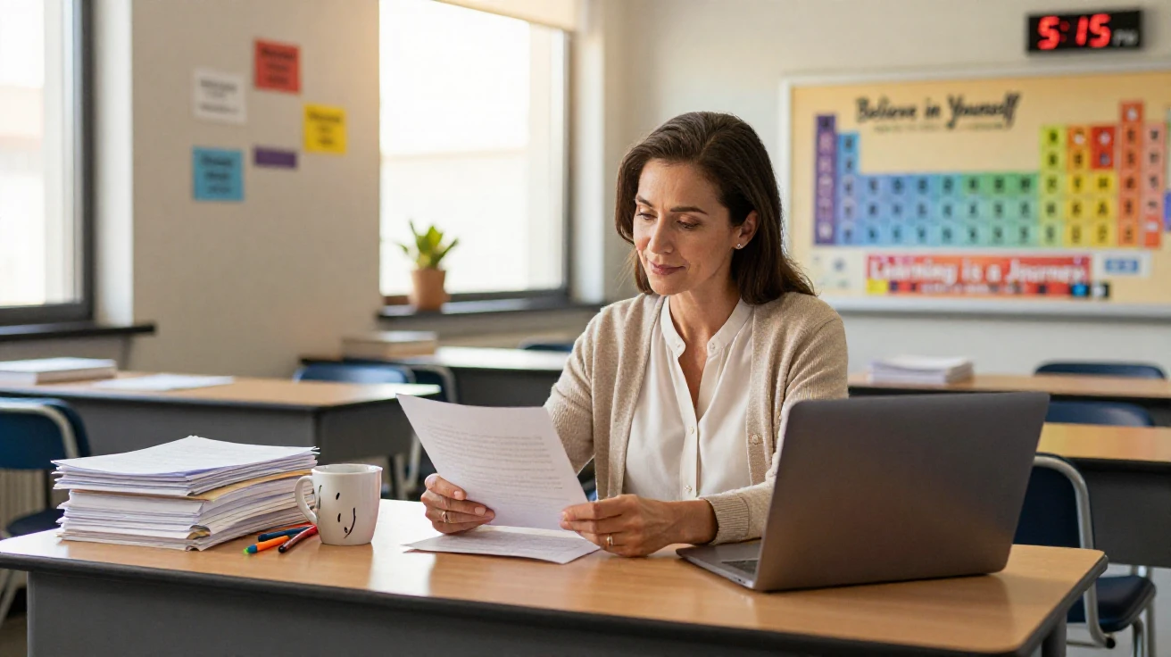 A teacher grading papers at their desk after school hours.