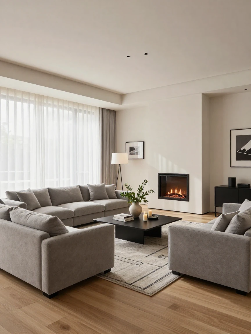A modern living room with a large sectional sofa and a fireplace.