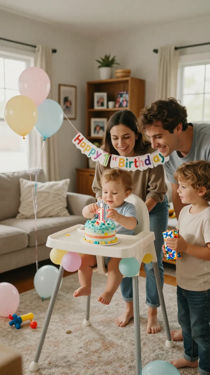 A family celebrating a baby's first birthday with a smash cake.