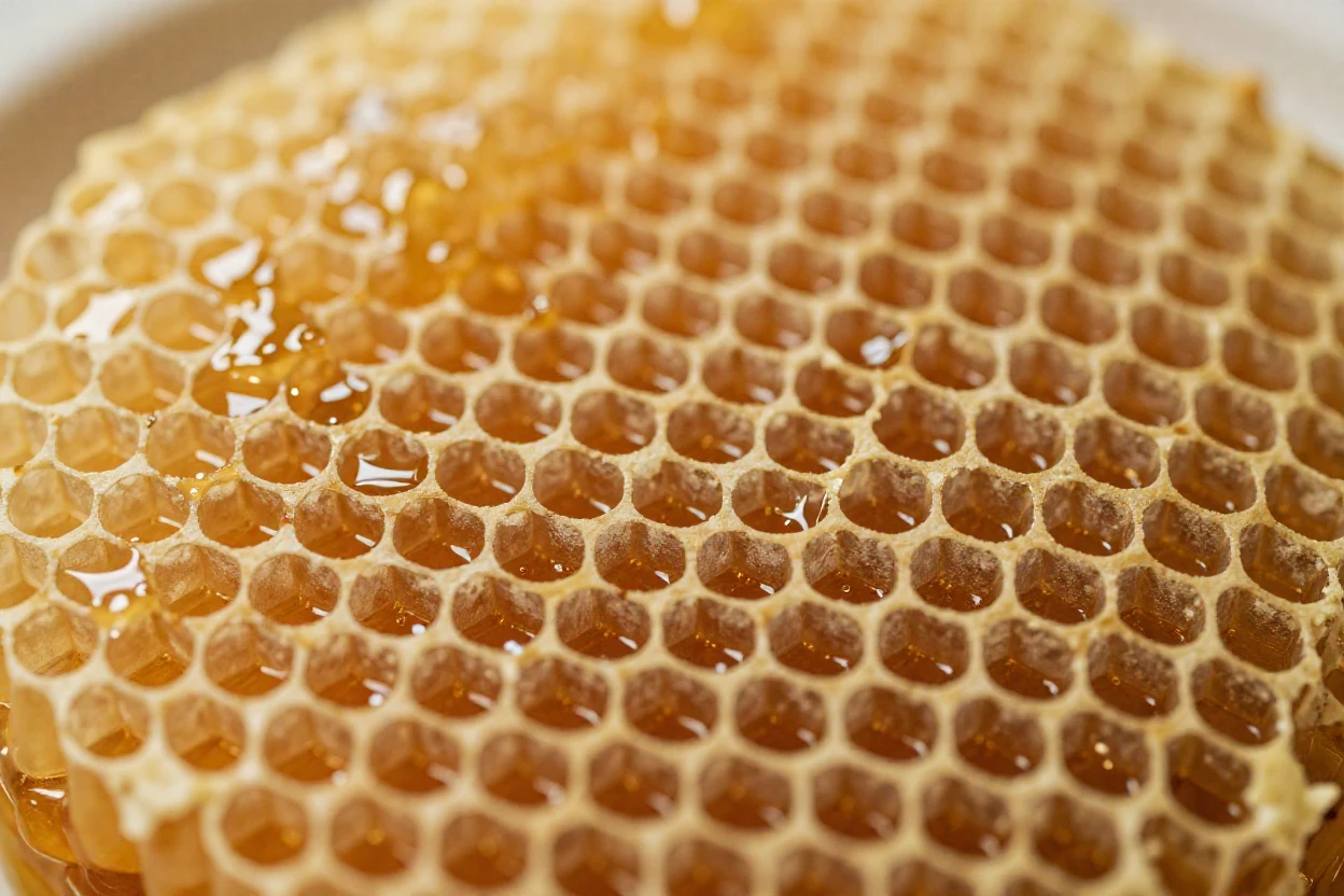 Close-up of a honeycomb texture with warm golden lighting.