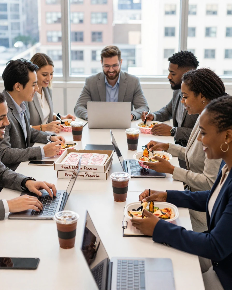 A group of coworkers gathered around a table eating takeout during a working lunch.