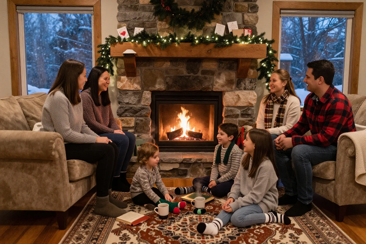 A family gathered around a fireplace on a snowy winter evening.