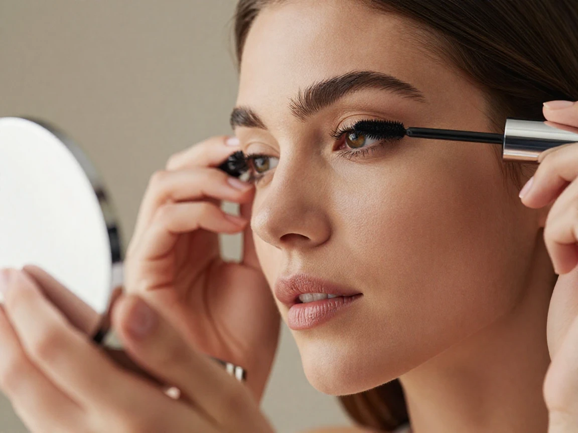 A close-up of a woman applying mascara while looking in a compact mirror.